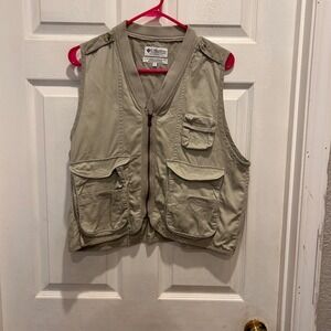 Vintage Columbia Sportswear Vest L Beige Utility Fishing‎ Hiking Outdoor Pockets
